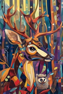 森林中多彩鹿与小刺猬