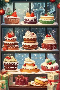 圣诞橱窗里的缤纷美味蛋糕