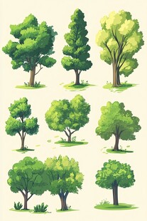 多样卡通风格绿树插画