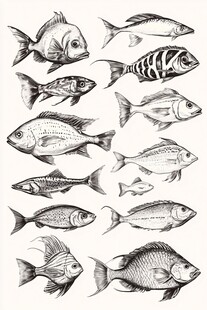 手绘多样鱼类集合图