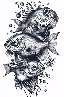 三条鱼的黑白插画图案