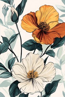 花卉插画 橙白花朵与绿叶