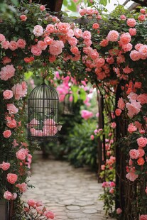 蔷薇花架下的梦幻鸟笼