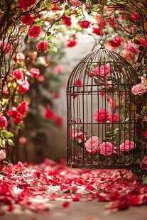 玫瑰簇拥下的梦幻鸟笼