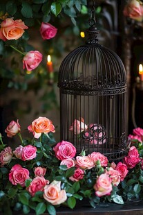 玫瑰簇拥的复古鸟笼景观