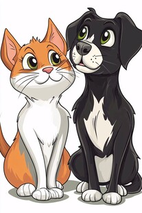 可爱猫狗并肩坐