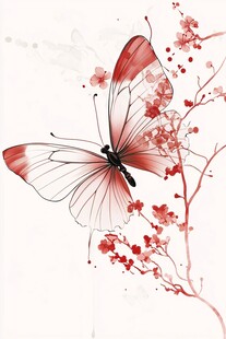 蝶舞花枝 水墨风插画
