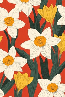 红色背景上的水仙与郁金香图案