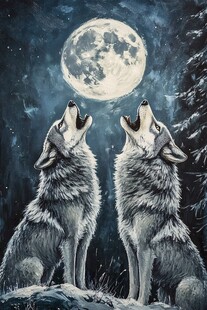 双狼月夜嚎叫图