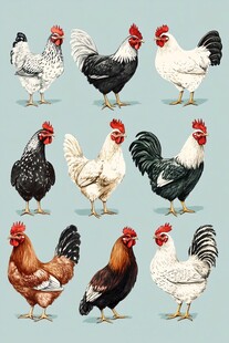 多样品种鸡的插画展示