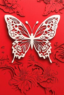红底剪纸蝴蝶花卉图案