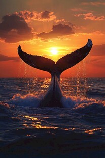 夕阳下的鲸鱼尾跃出海面