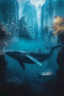 梦幻海底鲸鱼与奇幻山峦