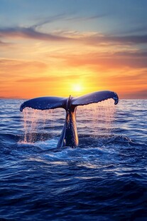 夕阳下鲸鱼尾鳍破水而出