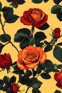 黄底红橙玫瑰花卉图案