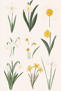 手绘水仙与雪花莲花卉集合