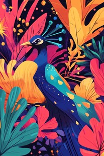 多彩孔雀栖于繁茂花丛中