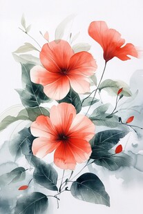 水墨风艳丽朱槿花卉图