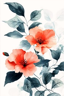 水墨风橙花绿叶插画