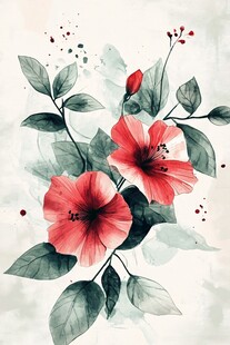 水彩绘艳丽扶桑花