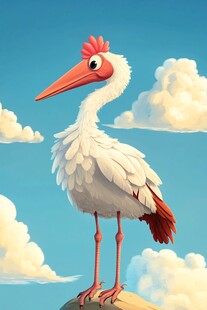 卡通白鹳立于云端