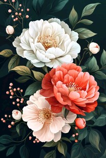 花卉插画 多彩牡丹与绿叶