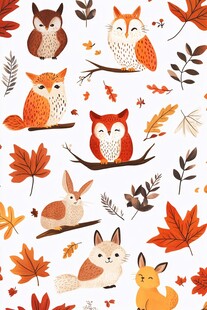 秋季森林动物与落叶图案