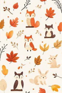 秋日萌宠与落叶图案插画