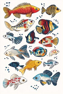 多彩金鱼插画图案集合
