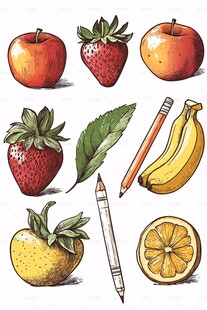 手绘水果与文具插画