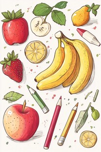 手绘水果与彩色铅笔插画