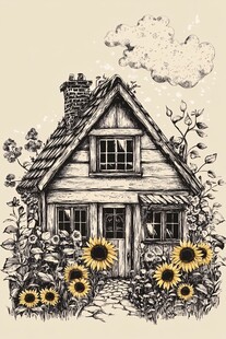田园风小屋旁的向日葵美景