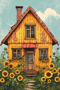 童话风木屋旁的向日葵花海