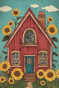 红屋向日葵的梦幻田园景