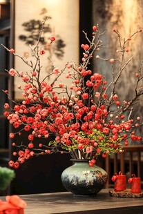 中式花瓶插满艳丽红梅