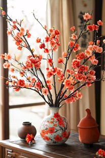 中式花瓶中绽放的艳丽红梅