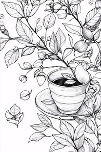 手绘咖啡与枝叶的静谧画面