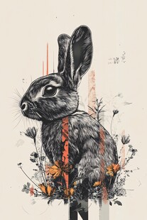 黑白插画风兔子与花卉