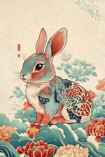中式国风彩绘祥瑞兔子图