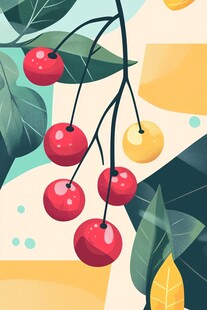 枝头红樱桃与绿叶插画