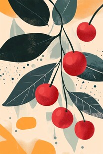 插画樱桃枝 清新自然风