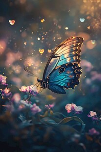 梦幻蓝蝶于花丛中飞舞