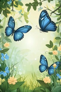 蓝蝶飞舞于花草绿叶间