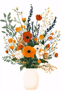 插画风花瓶中的多彩花卉