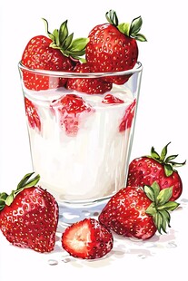 草莓酸奶杯 清新水果插画