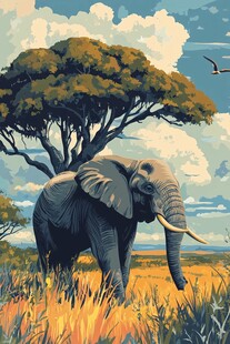 草原大象与繁茂树木景象