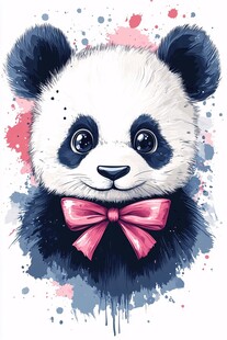 可爱熊猫戴粉色领结插画