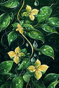 绿叶黄花带露的清新画面