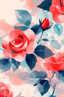 水彩风格绽放的艳丽红玫瑰