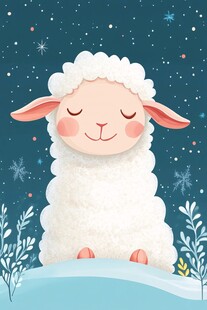 可爱小羊在雪夜温馨安睡